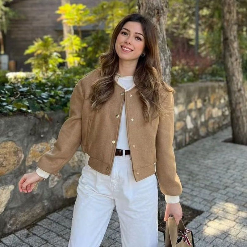 Women Jacket Casual Stand Collar Double Pocket Motorcycle Flight Jacket