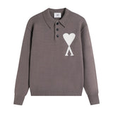 Ami araunriflove polo collar lapel wool sweater long sleeves couple fall and winterembroiderknitting shirt