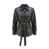 Women Leather Jacket Fall and Winter Lapels Long Sleeve Motorcycle Washed PU Leather Shirt Coat