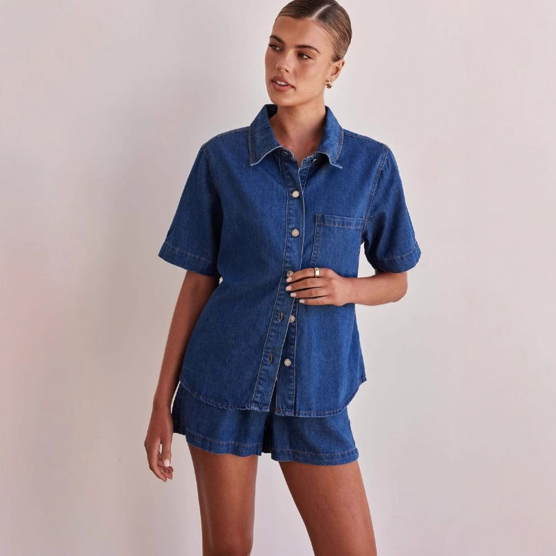 Women's european and american style summer cross-border trade washed vintage solid color short sleeve shirt and shorts denim set