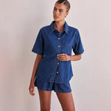 Women's european and american style summer cross-border trade washed vintage solid color short sleeve shirt and shorts denim set
