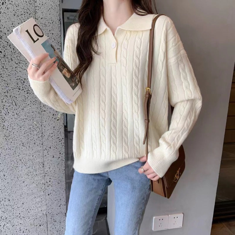 Women Knitwear Fall and Winter Lapels Cable-Knit Sweater Vintage Sweater