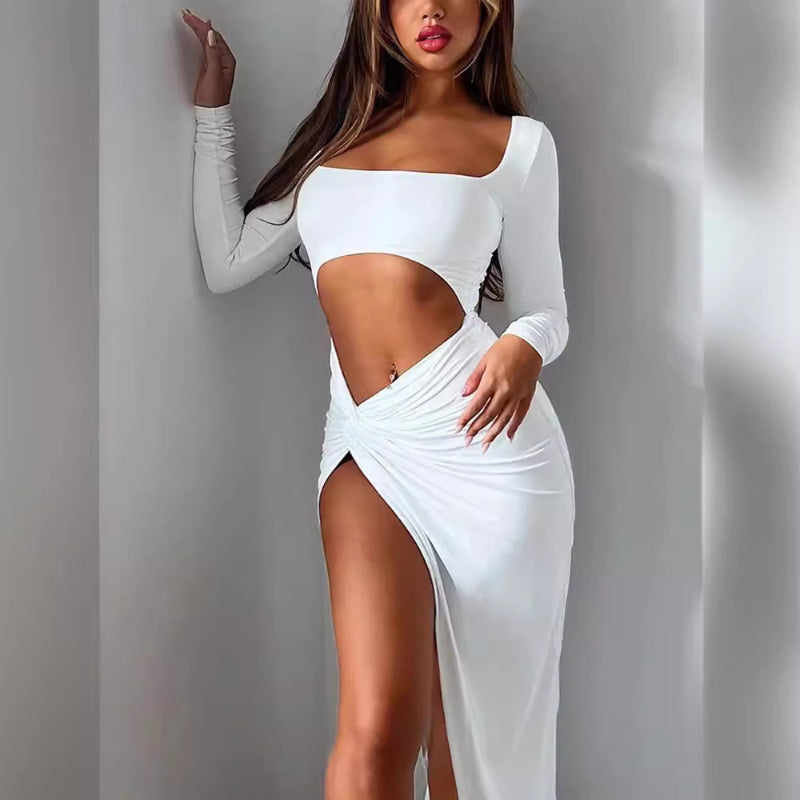 Women Dresses Autumn Sexy Hollow Square Collar Slit Dress (Bla0420)