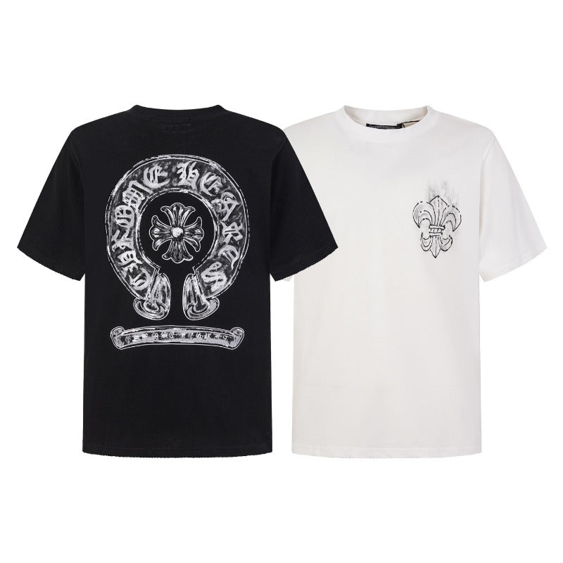 Ch hip-hop t shirts ch cross sanskrit horseshoe printing distressed hand-painted t-shirt short sleeve loosecasual american heavy weight