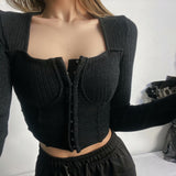 Women Sweater Knitwear Vintage Sexy Low Square Collar Long Sleeve Top Skinny Knit Cardigan Coat