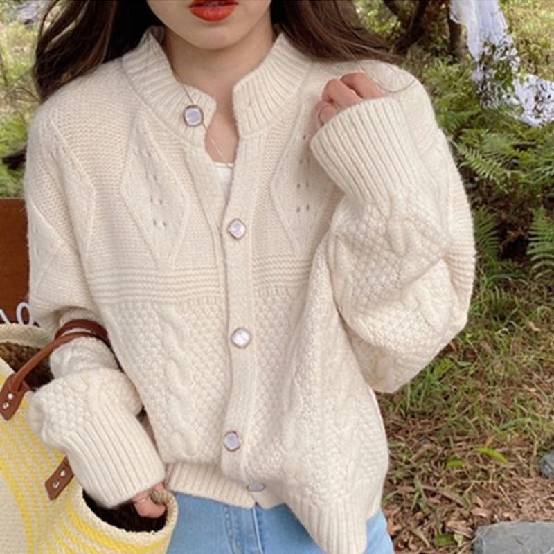 Women Knitted Cardigan Vintage Autumn and Winter round Neck Knitted Cardigan Coat Loose Sweater
