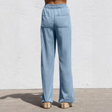 Women's tencel denim pants - spring/summer lightweight, european & american high-waisted, slimming, straight-leg, wide-leg, ice silk drape, casual pants