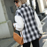 Women Trench Coat Double-Sided Velvet Plaid Stitching Breasted Long Sleeve Plaid Lapel Plush Coat