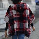 Women Trench Coat Casual Plush Women's Hooded Half Sleeve Loose Scottish Style Plaid Buckle-Free Coat
