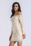 Women Evening Gown Long Sleeve Mini Embroidered Slim Dress