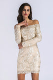 Women Evening Gown Long Sleeve Mini Embroidered Slim Dress