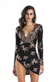 Women Evening Gown Sexy V-neck Backless Long Sleeves Sequins Short Dress
