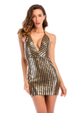 Women Evening Gown Sexy V-neck Gold Backless Sequins Dress