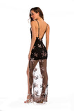 Women Evening Gown Sexy V-neck Backless Black Gold Sequins Long Dress