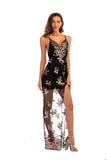 Women Evening Gown Sexy V-neck Backless Black Gold Sequins Long Dress