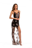 Women Evening Gown Sexy V-neck Backless Black Gold Sequins Long Dress