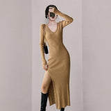 Women Maxi Dress Autumn and Winter V-neck Long Sleeve Slim Knit Dress