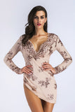 Women Evening Gown Sexy V-neck Backless Long Sleeves Sequins Short Dress