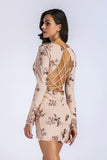 Women Evening Gown Sexy V-neck Backless Long Sleeves Sequins Short Dress