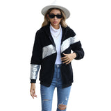 Women Trench Coat Casual Hooded Long Sleeve Sequin Stitching Zipper Double-Sided Velvet Cardigan Coat Autumn