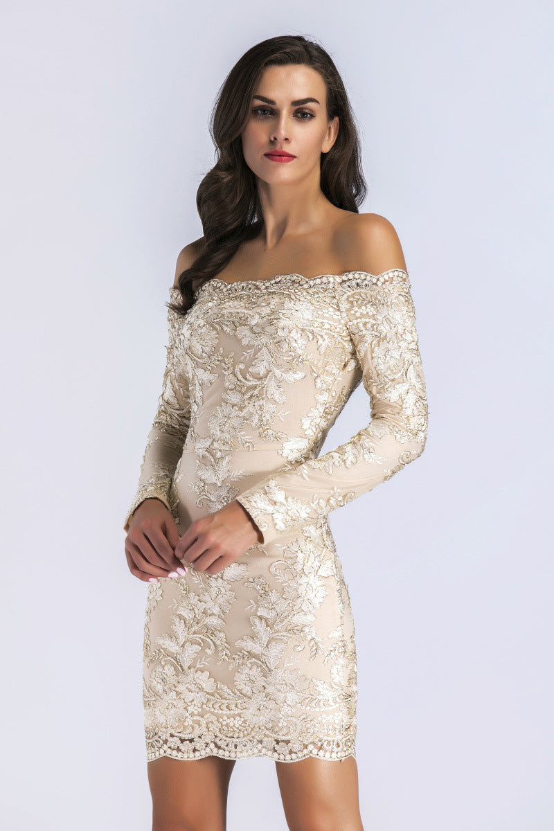 Women Evening Gown Long Sleeve Mini Embroidered Slim Dress