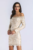 Women Evening Gown Long Sleeve Mini Embroidered Slim Dress