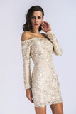 Women Evening Gown Long Sleeve Mini Embroidered Slim Dress
