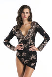 Women Evening Gown Sexy V-neck Backless Long Sleeves Sequins Short Dress