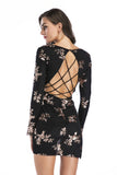 Women Evening Gown Sexy V-neck Backless Long Sleeves Sequins Short Dress