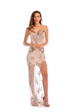 Women Evening Gown Sexy V-neck Backless Black Gold Sequins Long Dress