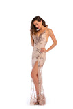 Women Evening Gown Sexy V-neck Backless Black Gold Sequins Long Dress