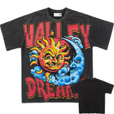 Hip-hop t-shirts: american-style washed and distressed, effortlessly cool, versatile short-sleeve tee with trendy high-street sun and moon print