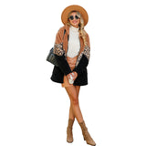 Women Trench Coat Autumn and Winter Long Sleeve Hooded Leopard Print Zipper Colorblock Mid-Length Double-Sided Fleece Jacket