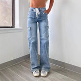 Women's pants: factory direct straight-leg jeans, american casual drawstring multi-pocket cargo pants - in stock