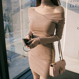 Women Maxi Dress Autumn Winter Sexy off-the-Shoulder V-neck Sheath Dress