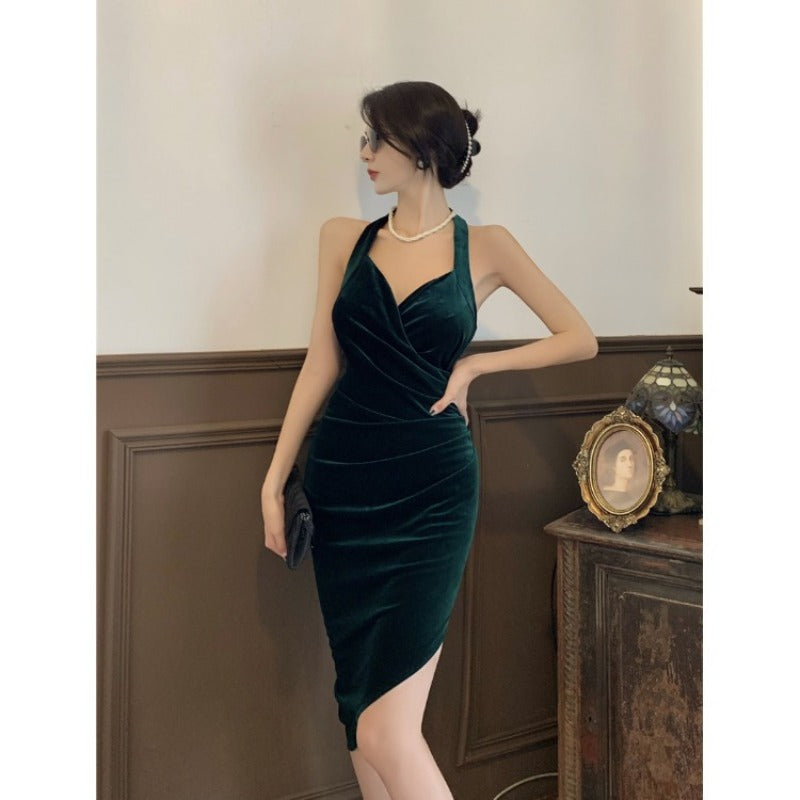 Women Maxi Dress Autumn Winter Retro Velvet Backless Dress
