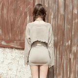 Women Sweater Knitwear Knitting Suit Sexy Sling Dress Ripped Sweater Two-Piece Set