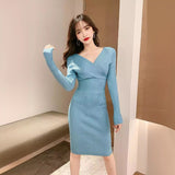 Women Maxi Dress Spring and Autumn Sexy Long Sleeve V-neck Dress Knitted Sheath Dress