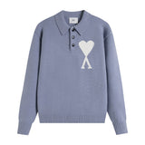 Ami araunriflove polo collar lapel wool sweater long sleeves couple fall and winterembroiderknitting shirt