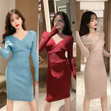 Women Maxi Dress Spring and Autumn Sexy Long Sleeve V-neck Dress Knitted Sheath Dress