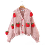 Women Sweater Knitwear Autumn V-neck Lantern Sleeve Pink Strawberry Knitted Cardigan Women's Sweater