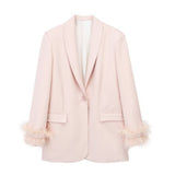 Women Suits Autumn Leisure Feather Cuffs Blazer