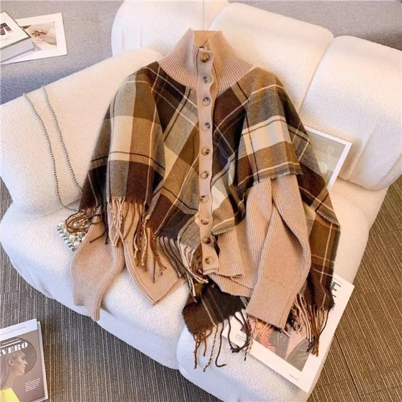 Women Knitwear Autumn and Winter Turtleneck Plaid Tassel Knitted Cardigan
