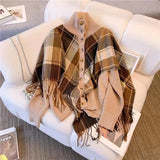 Women Knitwear Autumn and Winter Turtleneck Plaid Tassel Knitted Cardigan