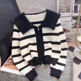 Women Knitwear Autumn and Winter Striped Doll Collar Double Zipper Sweaters Cardigan