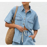 Women's pants: european and american cross-border spring/summer retro casual loose pocket short sleeve shirt & shorts denim set