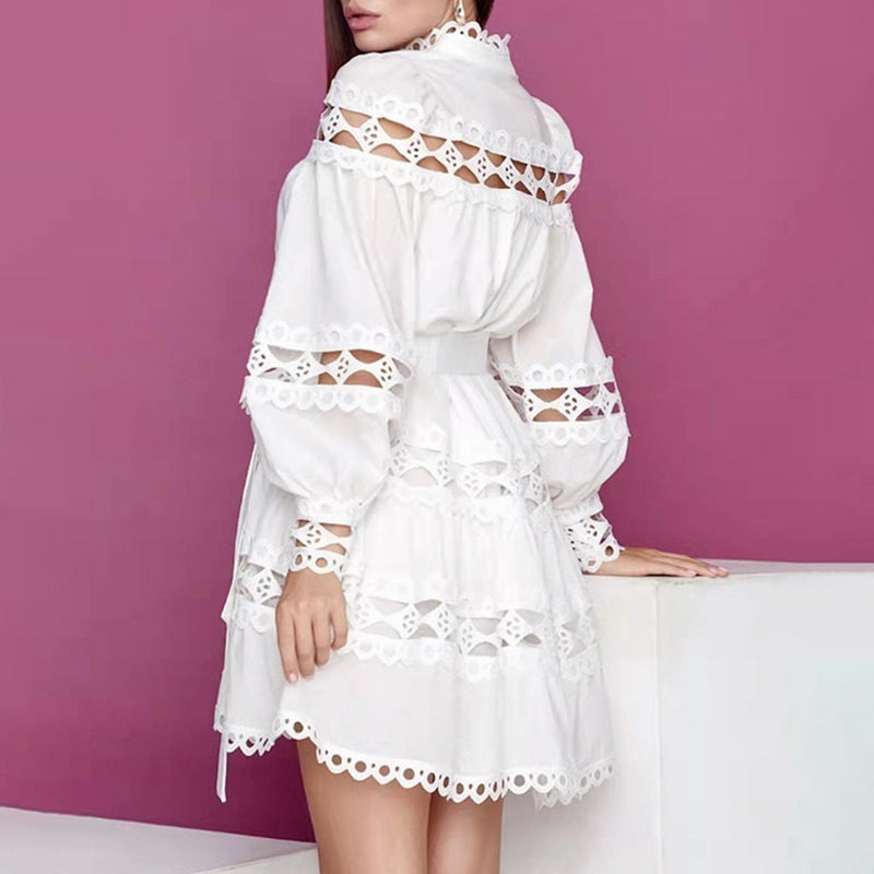 Women Dresses Hollow-out Stand Collar Puff Sleeve Dress (Qymy0409)