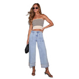 Women's stretch washed high-waisted jeans - fashionable, casual, trendy, versatile wide-leg denim pants for women