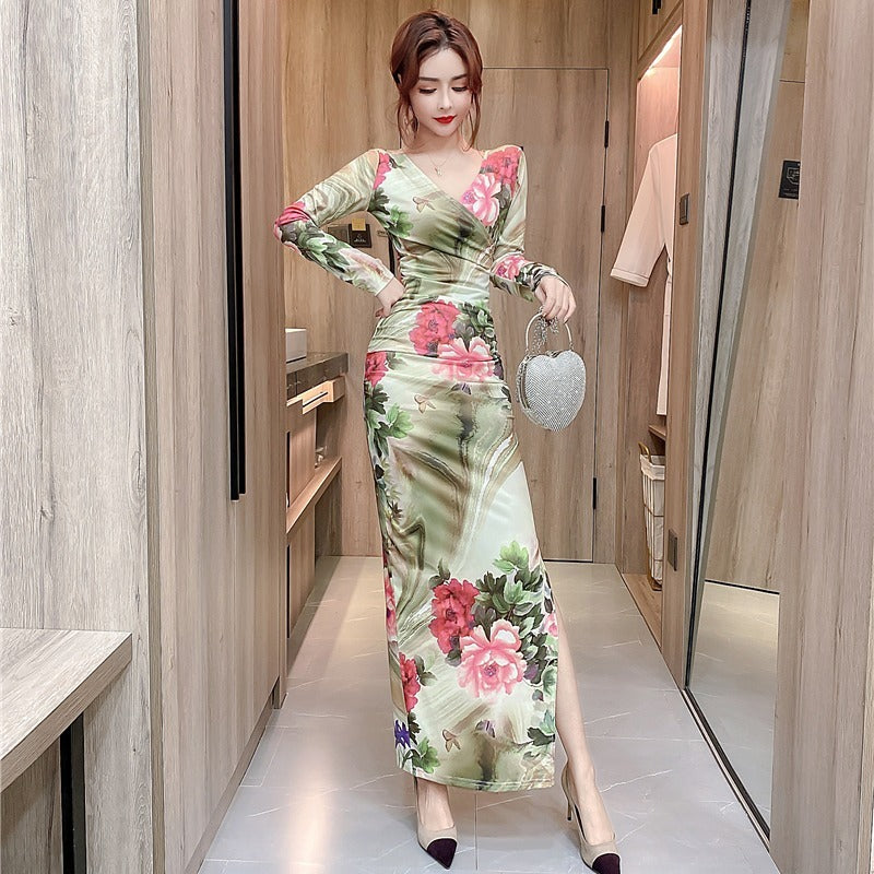 Women Maxi Dress Autumn Winter Sexy Printed Slim Fit Long Sleeve Narrow Dress