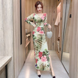 Women Maxi Dress Autumn Winter Sexy Printed Slim Fit Long Sleeve Narrow Dress